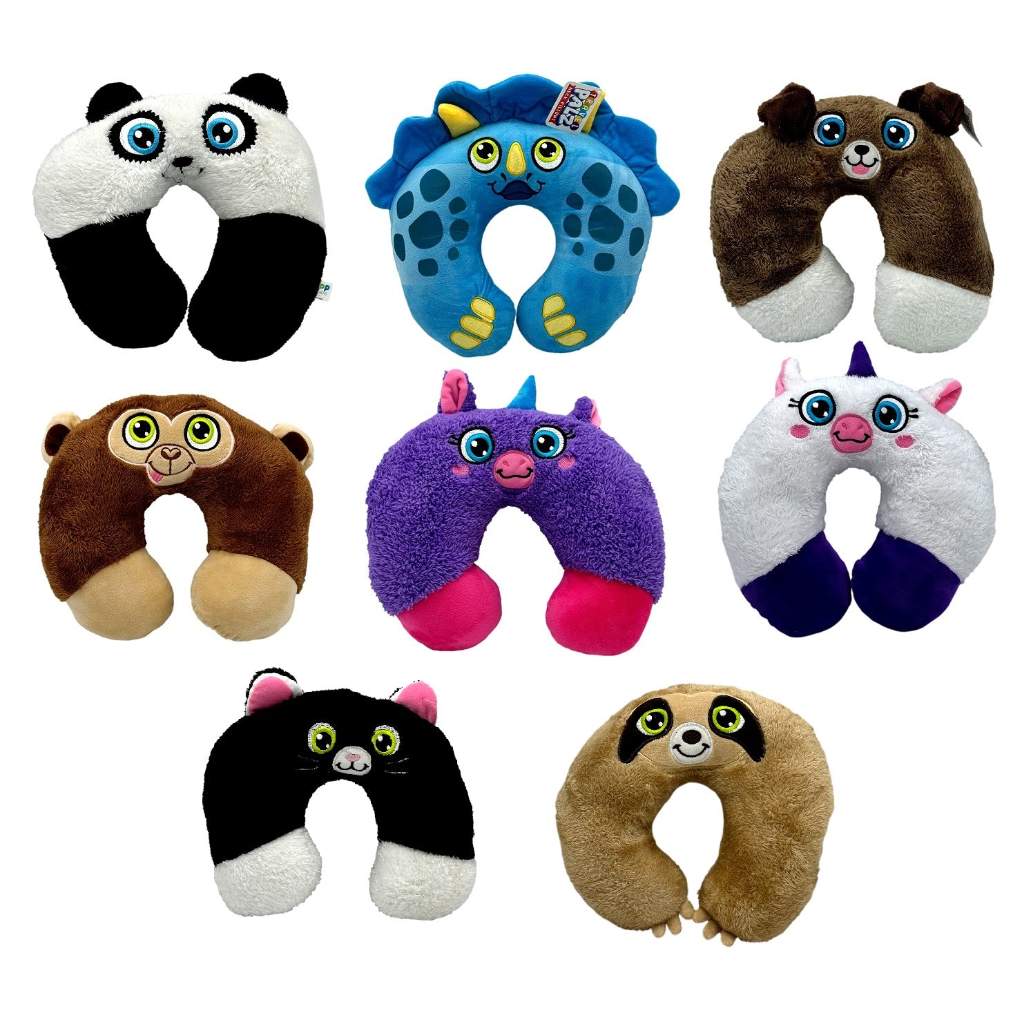 Nine animal-shaped neck pillows.